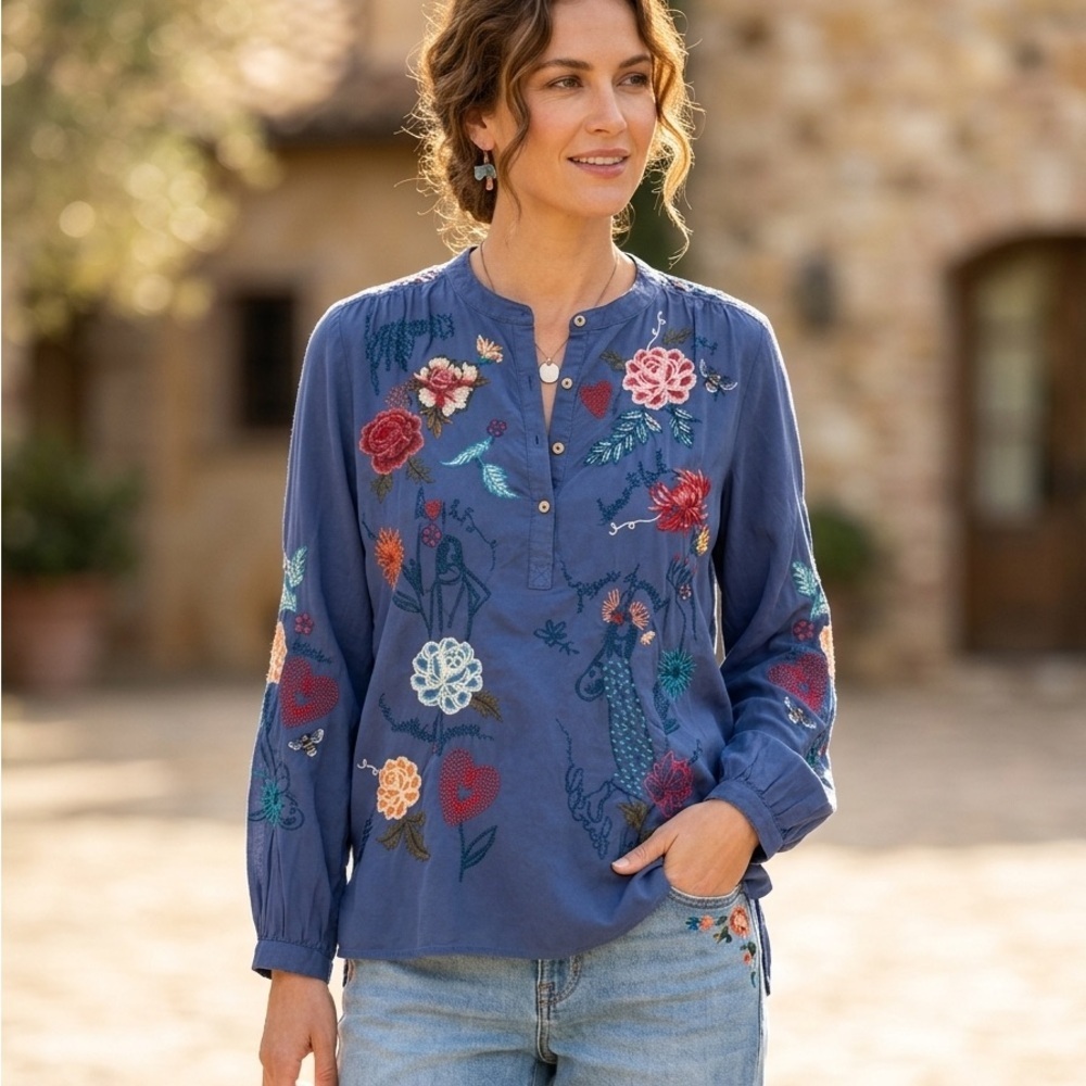 Johnny Was Workshop Lina Prairie Blue Embroidered Silk Blouse